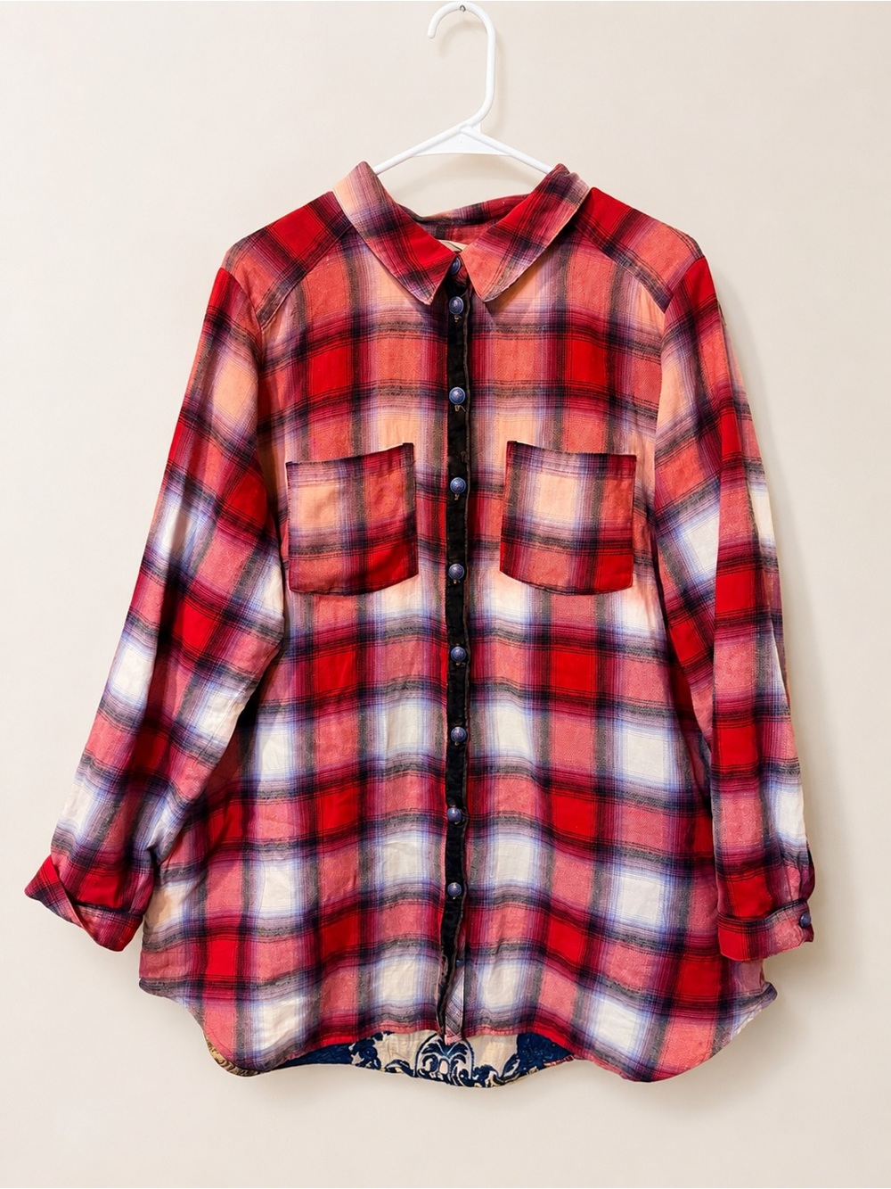 Soft Surroundings XL Mixed Media Plaid Floral Tapestry Button-Up Shirt Boho